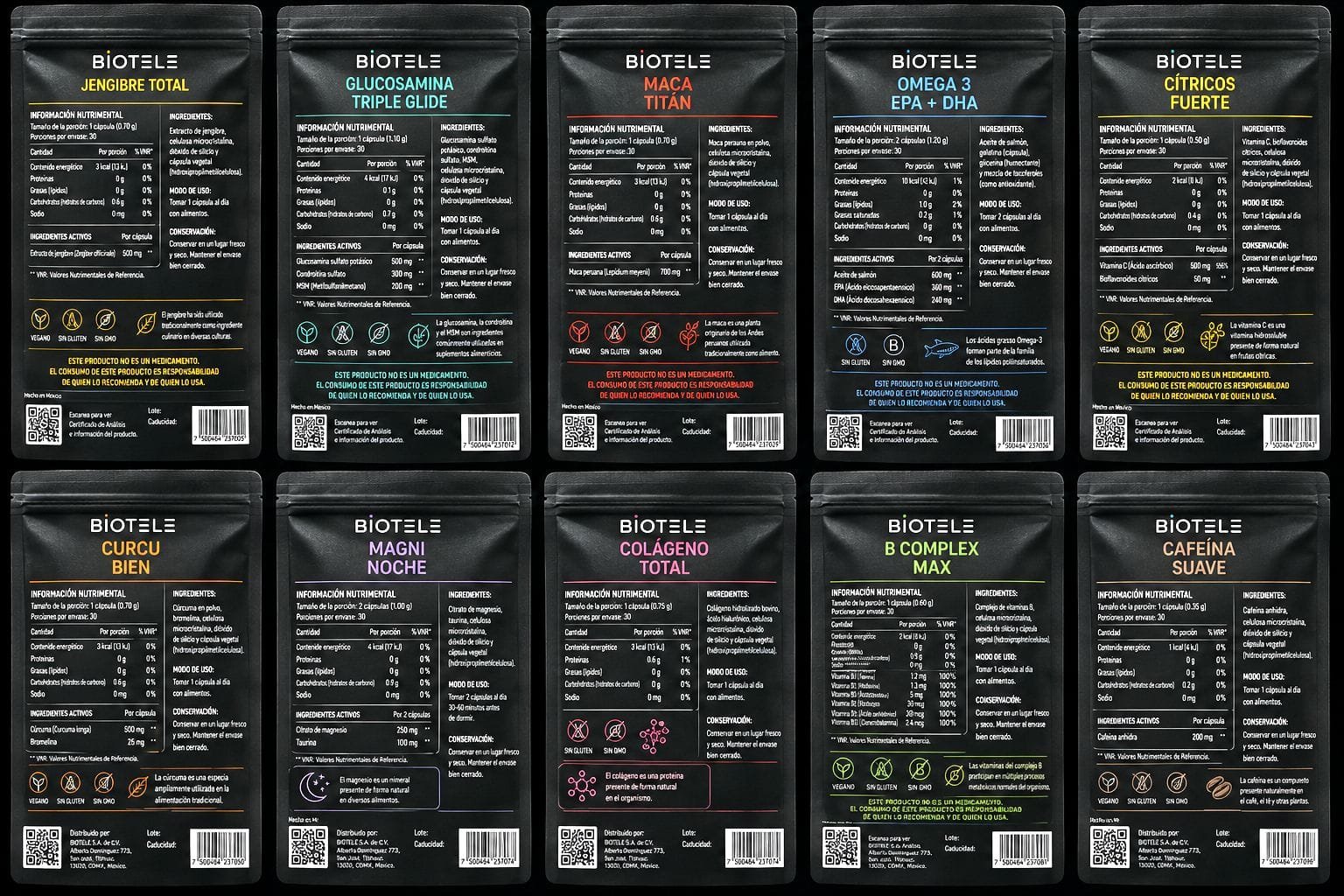Concepto de reverso para los diez empaques Biotele / Back-panel concept for ten Biotele packs
