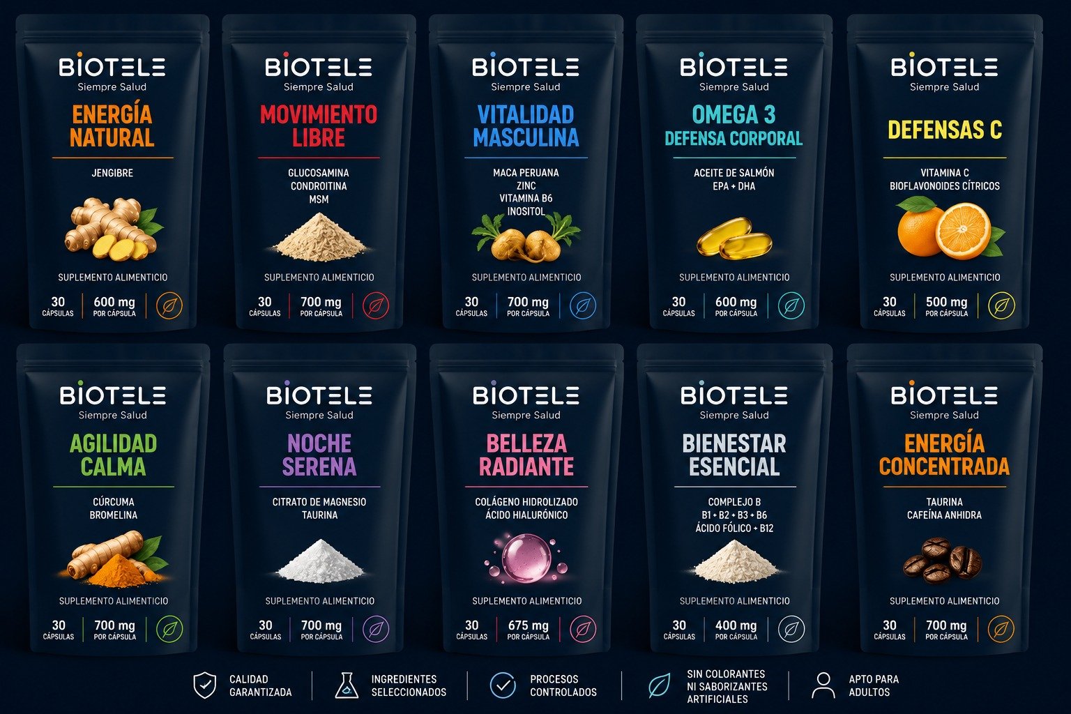 Concepto frontal de los diez suplementos Biotele / Front concept for ten Biotele supplements